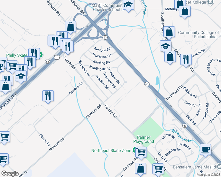 map of restaurants, bars, coffee shops, grocery stores, and more near 2875 Nautilus Road in Philadelphia