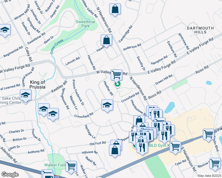 map of restaurants, bars, coffee shops, grocery stores, and more near 268 Heather Road in King of Prussia