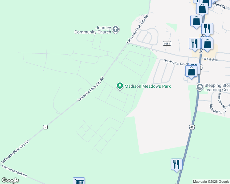 map of restaurants, bars, coffee shops, grocery stores, and more near 10885 Lafayette-Plain City Road in Plain City