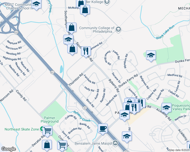 map of restaurants, bars, coffee shops, grocery stores, and more near 3120 Morning Glory Road in Philadelphia