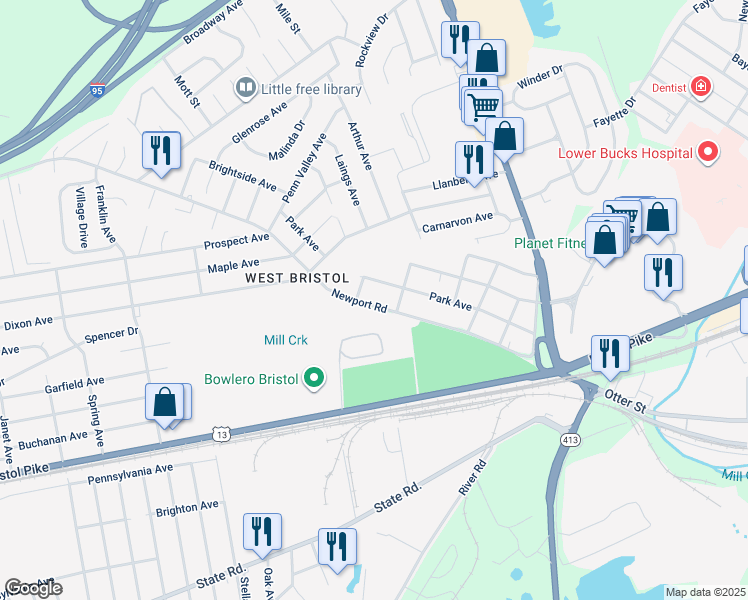map of restaurants, bars, coffee shops, grocery stores, and more near 626 Newport Road in Bristol