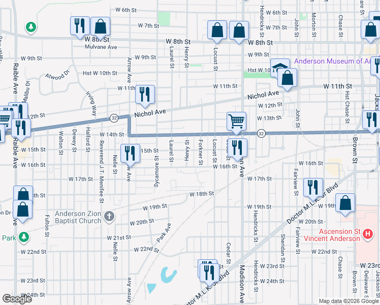 map of restaurants, bars, coffee shops, grocery stores, and more near 1325 West 15th Street in Anderson