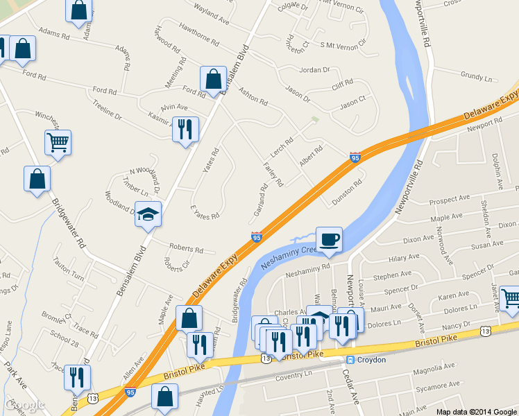 map of restaurants, bars, coffee shops, grocery stores, and more near 4570 Garland Road in Bensalem