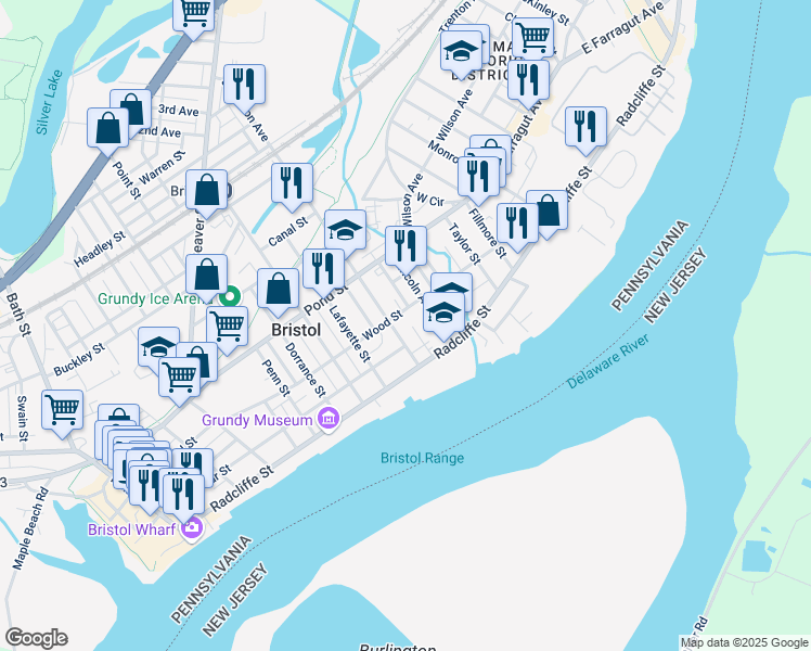 map of restaurants, bars, coffee shops, grocery stores, and more near 1016 Wood Street in Bristol