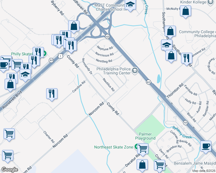 map of restaurants, bars, coffee shops, grocery stores, and more near 2858 Nautilus Road in Philadelphia