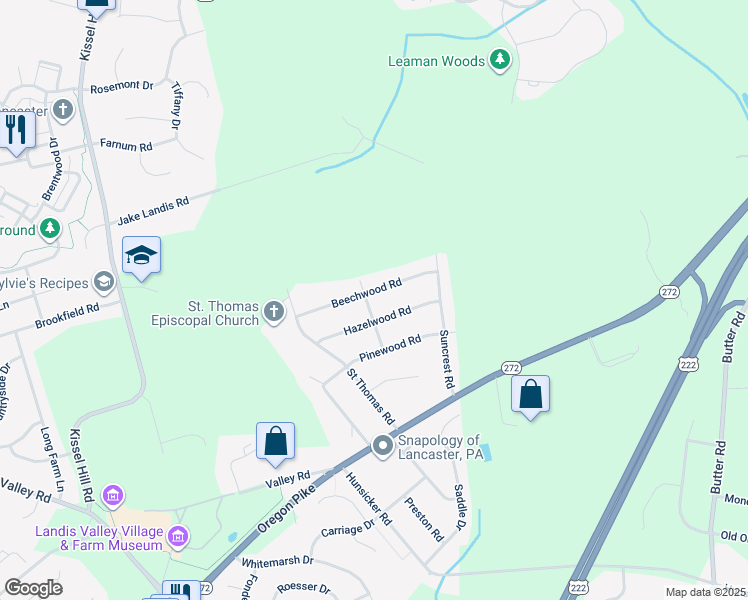 map of restaurants, bars, coffee shops, grocery stores, and more near 218 Overland Lane in Lancaster