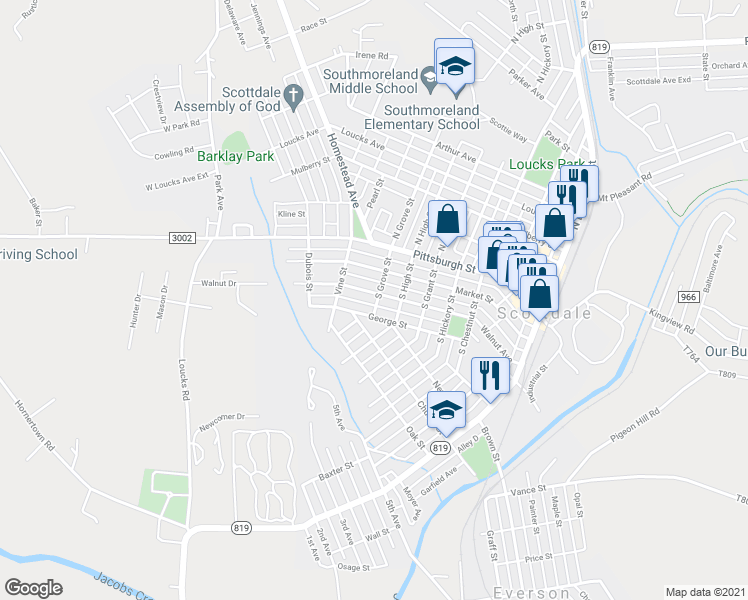 map of restaurants, bars, coffee shops, grocery stores, and more near 701 Walnut Avenue in Scottdale