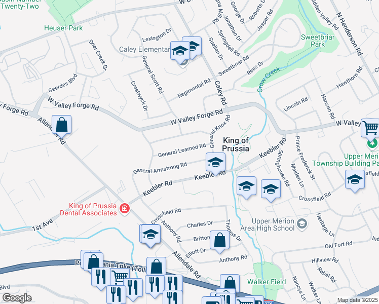map of restaurants, bars, coffee shops, grocery stores, and more near 538 General Learned Road in King of Prussia