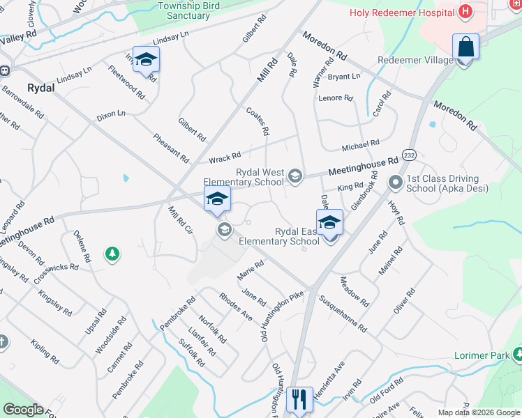 map of restaurants, bars, coffee shops, grocery stores, and more near 1185 Timbergate Drive in Rydal