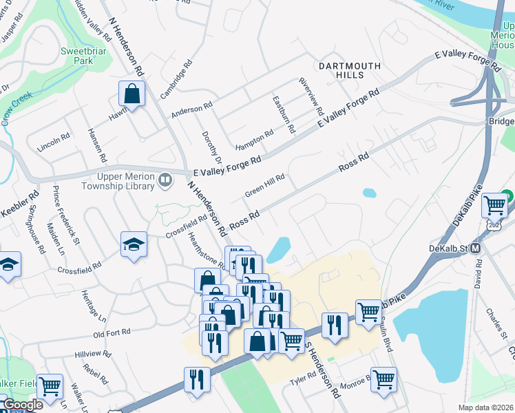 map of restaurants, bars, coffee shops, grocery stores, and more near 141 Green Hill Road in King of Prussia