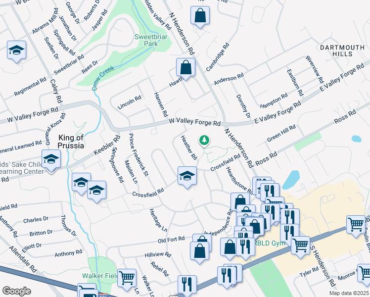 map of restaurants, bars, coffee shops, grocery stores, and more near 275 Heather Road in King of Prussia