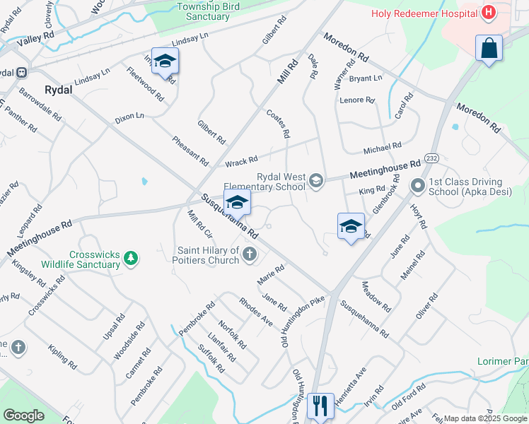 map of restaurants, bars, coffee shops, grocery stores, and more near 1157 Timbergate Drive in Rydal