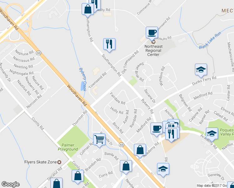 map of restaurants, bars, coffee shops, grocery stores, and more near 12230 Sweet Briar Road in Philadelphia