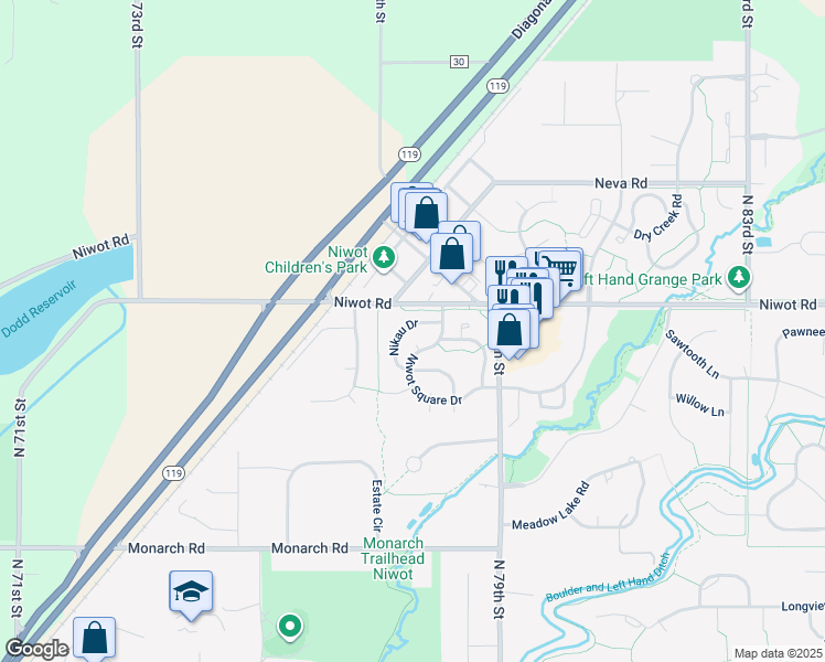map of restaurants, bars, coffee shops, grocery stores, and more near 7756 Nikau Dr in Longmont