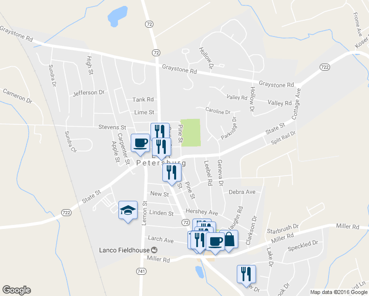 map of restaurants, bars, coffee shops, grocery stores, and more near 6045 Pine St in East Petersburg