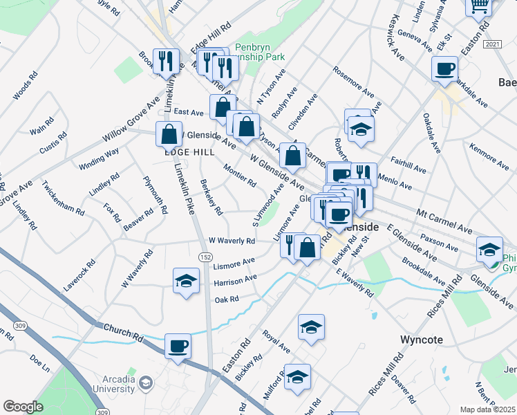 map of restaurants, bars, coffee shops, grocery stores, and more near 301 Cherry Lane in Glenside