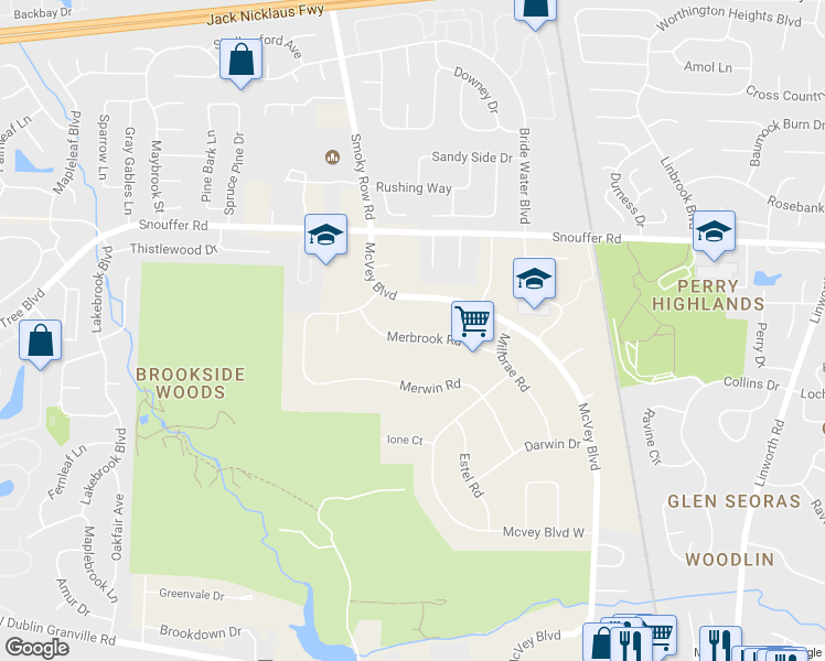 map of restaurants, bars, coffee shops, grocery stores, and more near 2458 Merbrook Road in Columbus