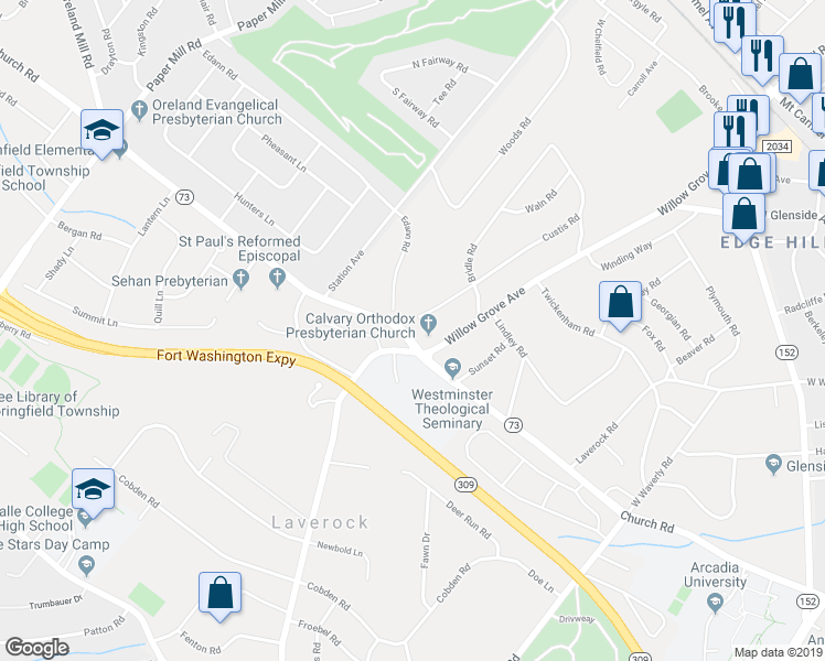 map of restaurants, bars, coffee shops, grocery stores, and more near 711 Custis Road in Glenside