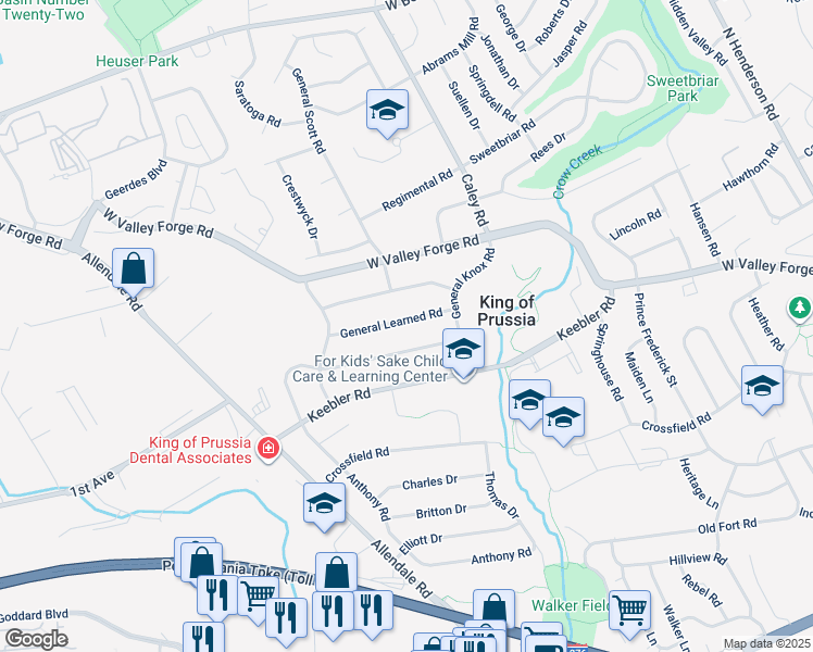 map of restaurants, bars, coffee shops, grocery stores, and more near 538 General Learned Road in King of Prussia