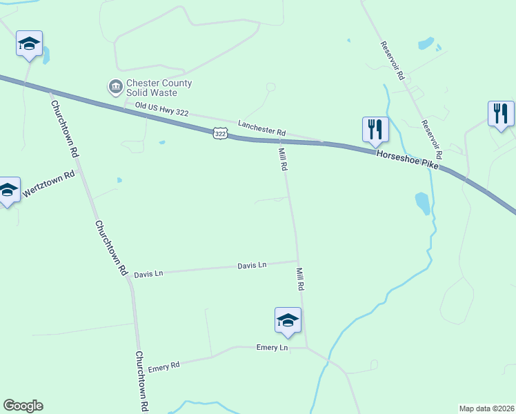 map of restaurants, bars, coffee shops, grocery stores, and more near 111 Mill Road in Narvon