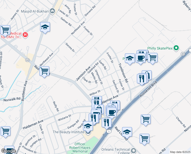map of restaurants, bars, coffee shops, grocery stores, and more near 1860 Greymont Street in Philadelphia