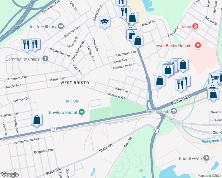 map of restaurants, bars, coffee shops, grocery stores, and more near 537 Park Avenue in Bristol