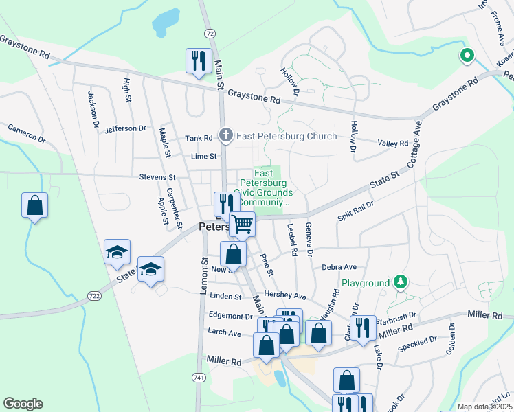 map of restaurants, bars, coffee shops, grocery stores, and more near 6045 Pine St in East Petersburg