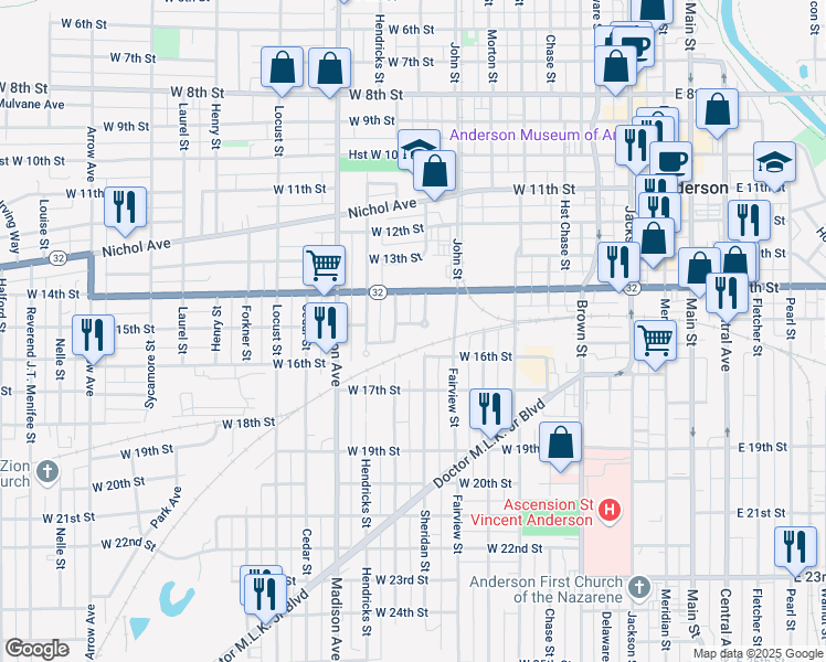 map of restaurants, bars, coffee shops, grocery stores, and more near 715 West 15th Street in Anderson
