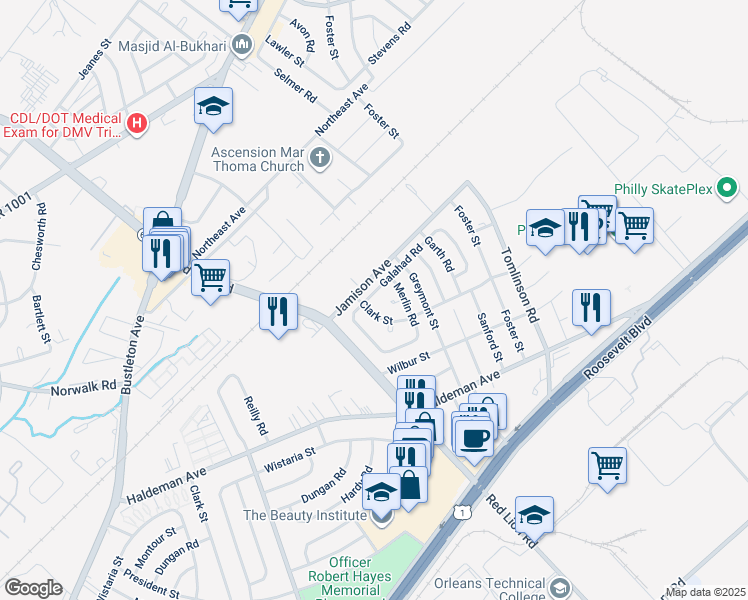 map of restaurants, bars, coffee shops, grocery stores, and more near 10105 Galahad Road in Philadelphia