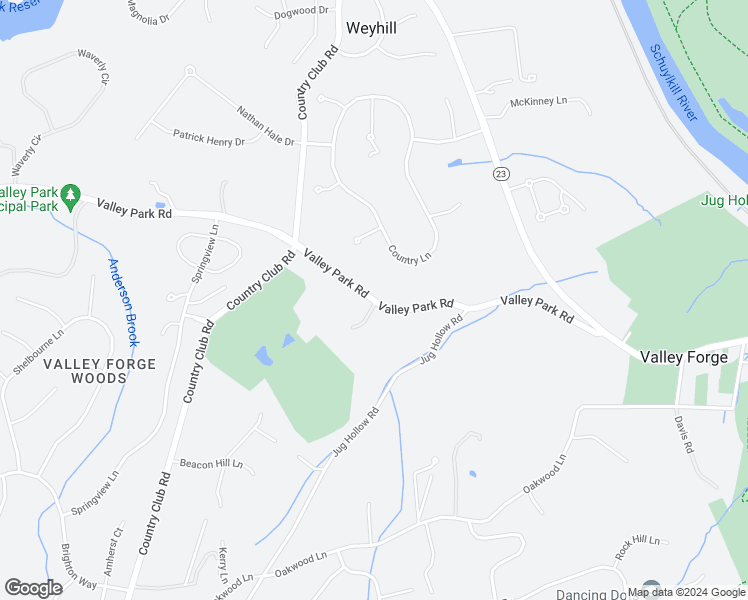 map of restaurants, bars, coffee shops, grocery stores, and more near 544 Valley Park Road in Phoenixville
