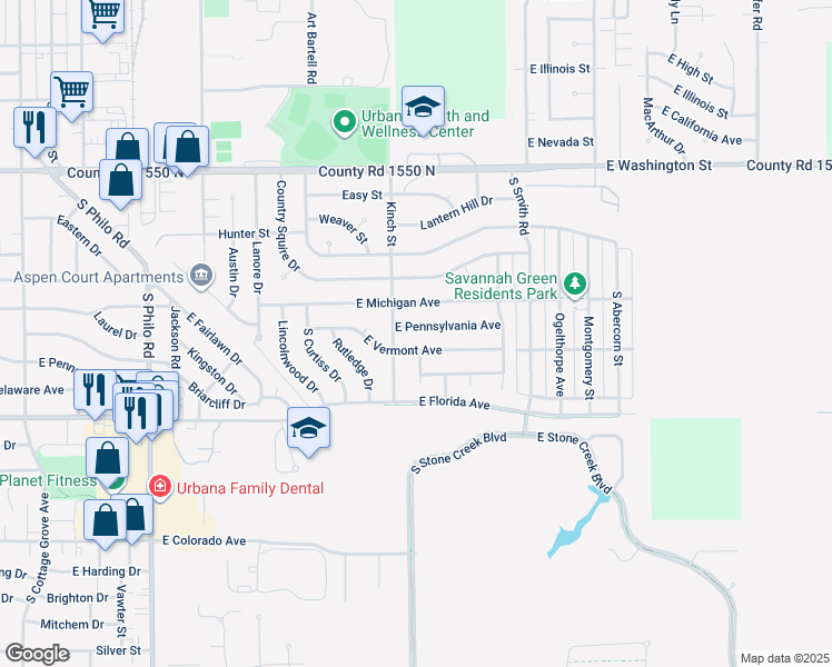 map of restaurants, bars, coffee shops, grocery stores, and more near 2105 East Pennsylvania Avenue in Urbana