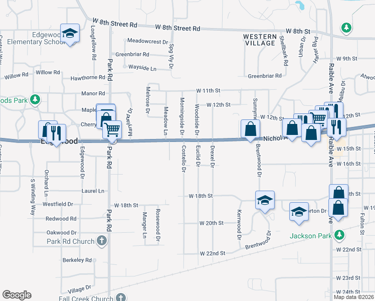 map of restaurants, bars, coffee shops, grocery stores, and more near 1418 Costello Drive in Anderson
