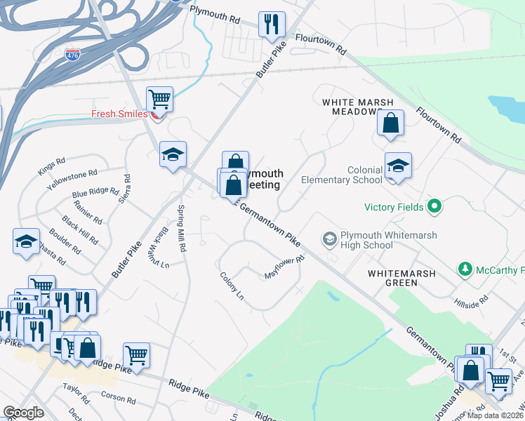 map of restaurants, bars, coffee shops, grocery stores, and more near 101 East Germantown Pike in Plymouth Meeting