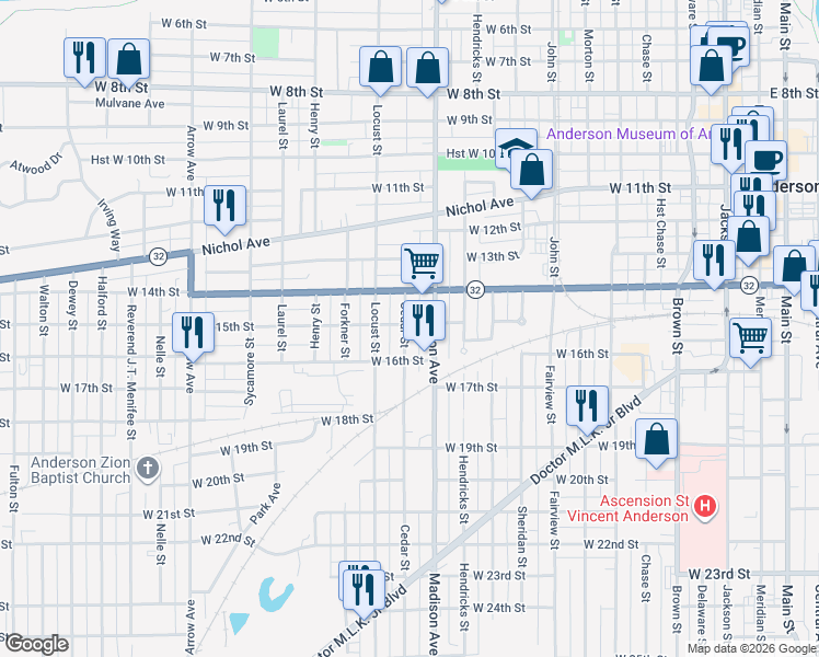 map of restaurants, bars, coffee shops, grocery stores, and more near 1433 Cedar Street in Anderson