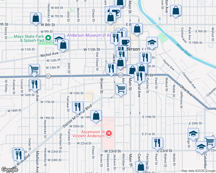 map of restaurants, bars, coffee shops, grocery stores, and more near 1521 Jackson Street in Anderson