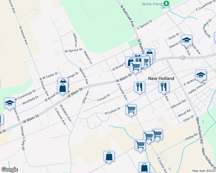 map of restaurants, bars, coffee shops, grocery stores, and more near 228 West Main Street in New Holland