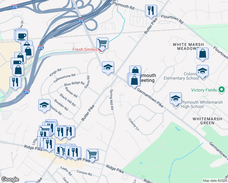 map of restaurants, bars, coffee shops, grocery stores, and more near 3144 Spring Mill Road in Plymouth Meeting
