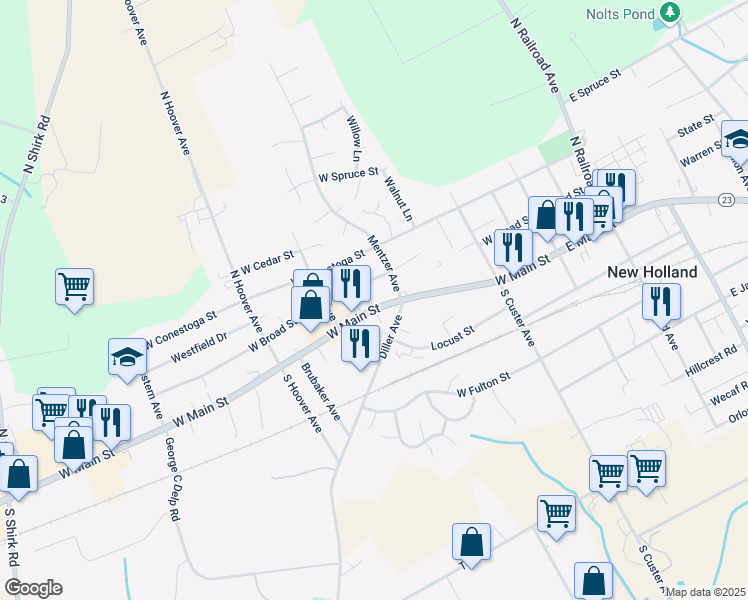 map of restaurants, bars, coffee shops, grocery stores, and more near 325 West Main Street in New Holland
