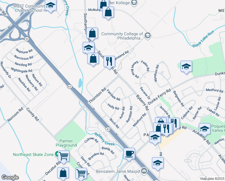 map of restaurants, bars, coffee shops, grocery stores, and more near 12230 Sweet Briar Road in Philadelphia
