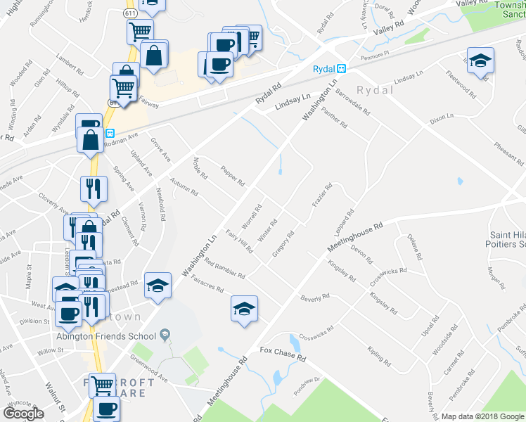 map of restaurants, bars, coffee shops, grocery stores, and more near 845 Worrell Road in Rydal