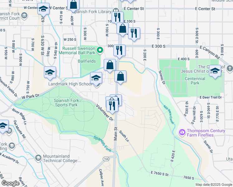 map of restaurants, bars, coffee shops, grocery stores, and more near 606 South Main Street in Spanish Fork