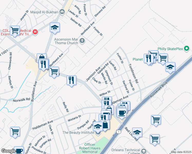 map of restaurants, bars, coffee shops, grocery stores, and more near 10105 Galahad Road in Philadelphia