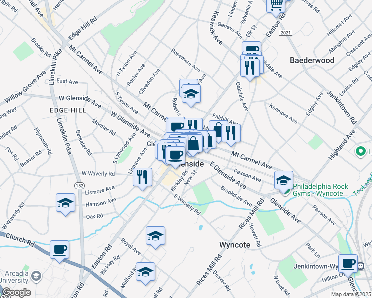 map of restaurants, bars, coffee shops, grocery stores, and more near 117 South Easton Road in Glenside