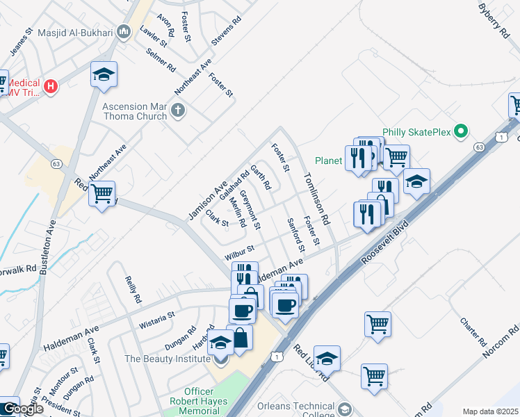 map of restaurants, bars, coffee shops, grocery stores, and more near 1870 Kentwood Street in Philadelphia