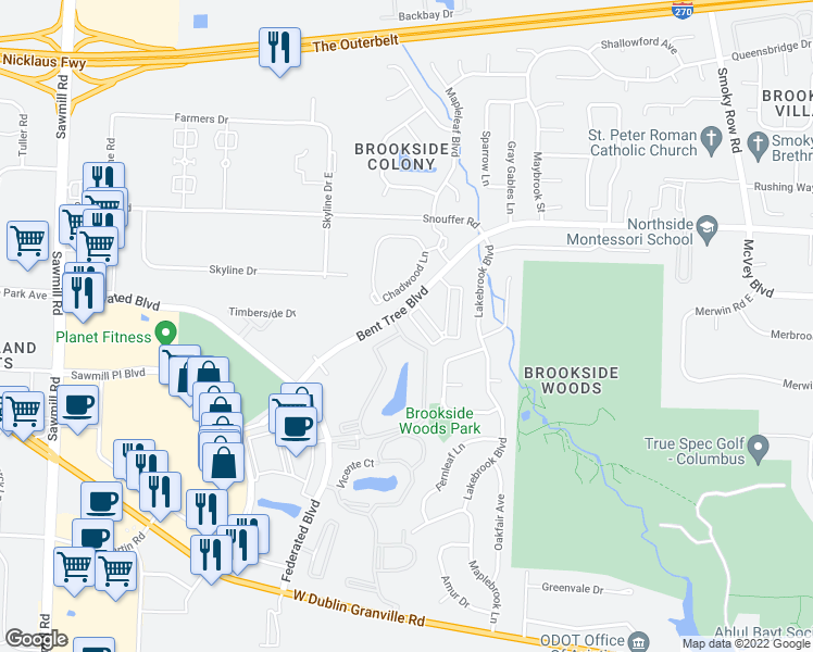 map of restaurants, bars, coffee shops, grocery stores, and more near 2159 River Run Trace in Columbus