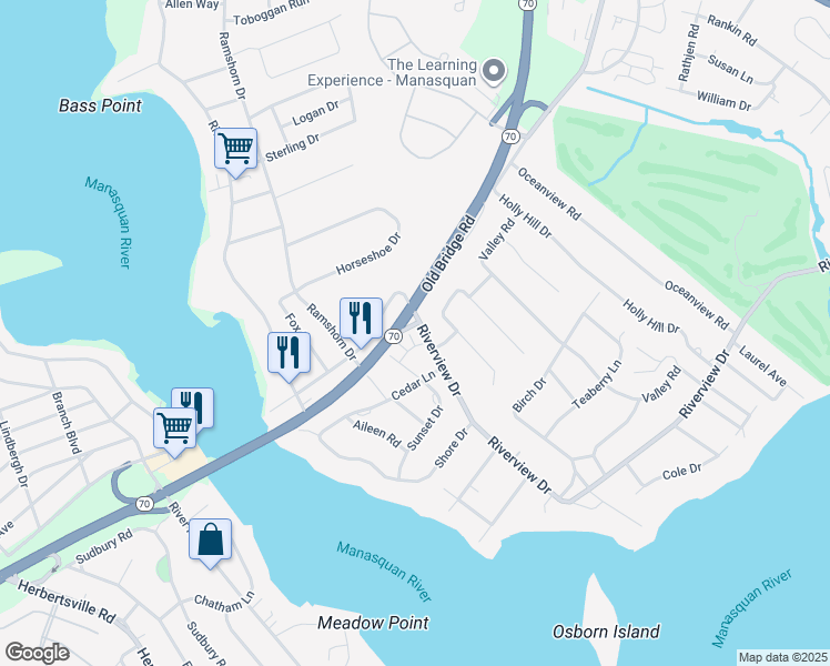 map of restaurants, bars, coffee shops, grocery stores, and more near 12 Black Pine Lane in Brielle