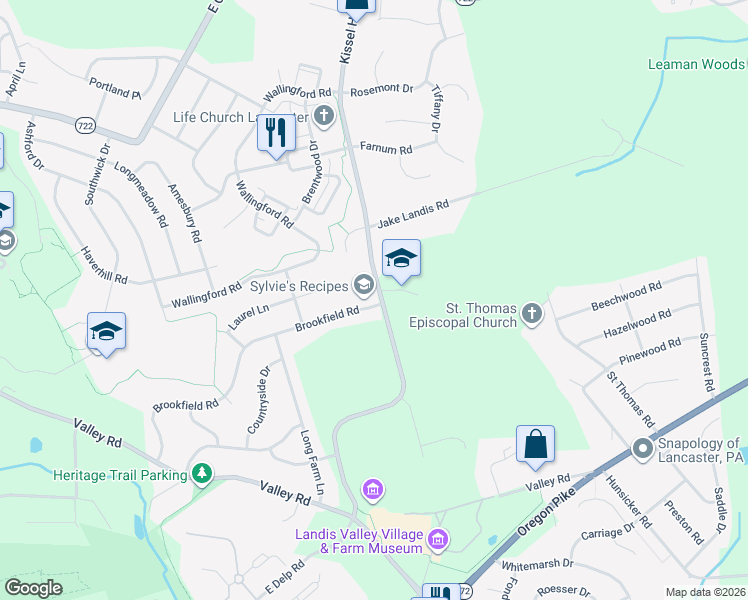 map of restaurants, bars, coffee shops, grocery stores, and more near 2972 Brookfield Road in Lancaster