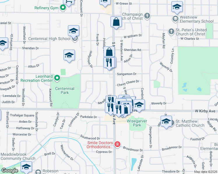 map of restaurants, bars, coffee shops, grocery stores, and more near 1313 Glendale Drive in Champaign
