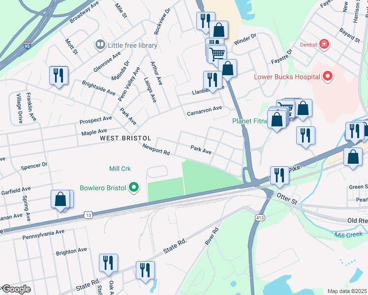 map of restaurants, bars, coffee shops, grocery stores, and more near 537 Park Avenue in Bristol