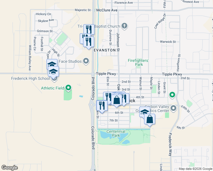 map of restaurants, bars, coffee shops, grocery stores, and more near 160 Flora Court in Frederick